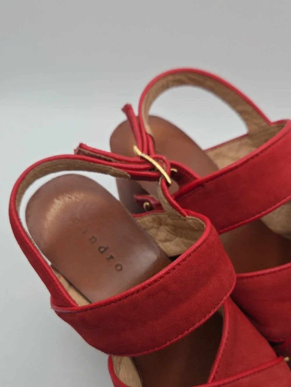 Sandro Red Suede Studded Wood Wedge Platform Sandals Euro 37 US 6.5-7